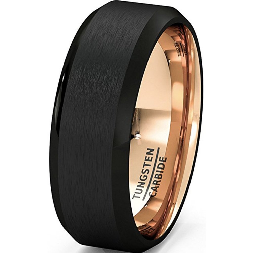 Mens Tungsten Wedding Band (8mm). Black Matte Finish Tungsten Ring w/ Rose Gold